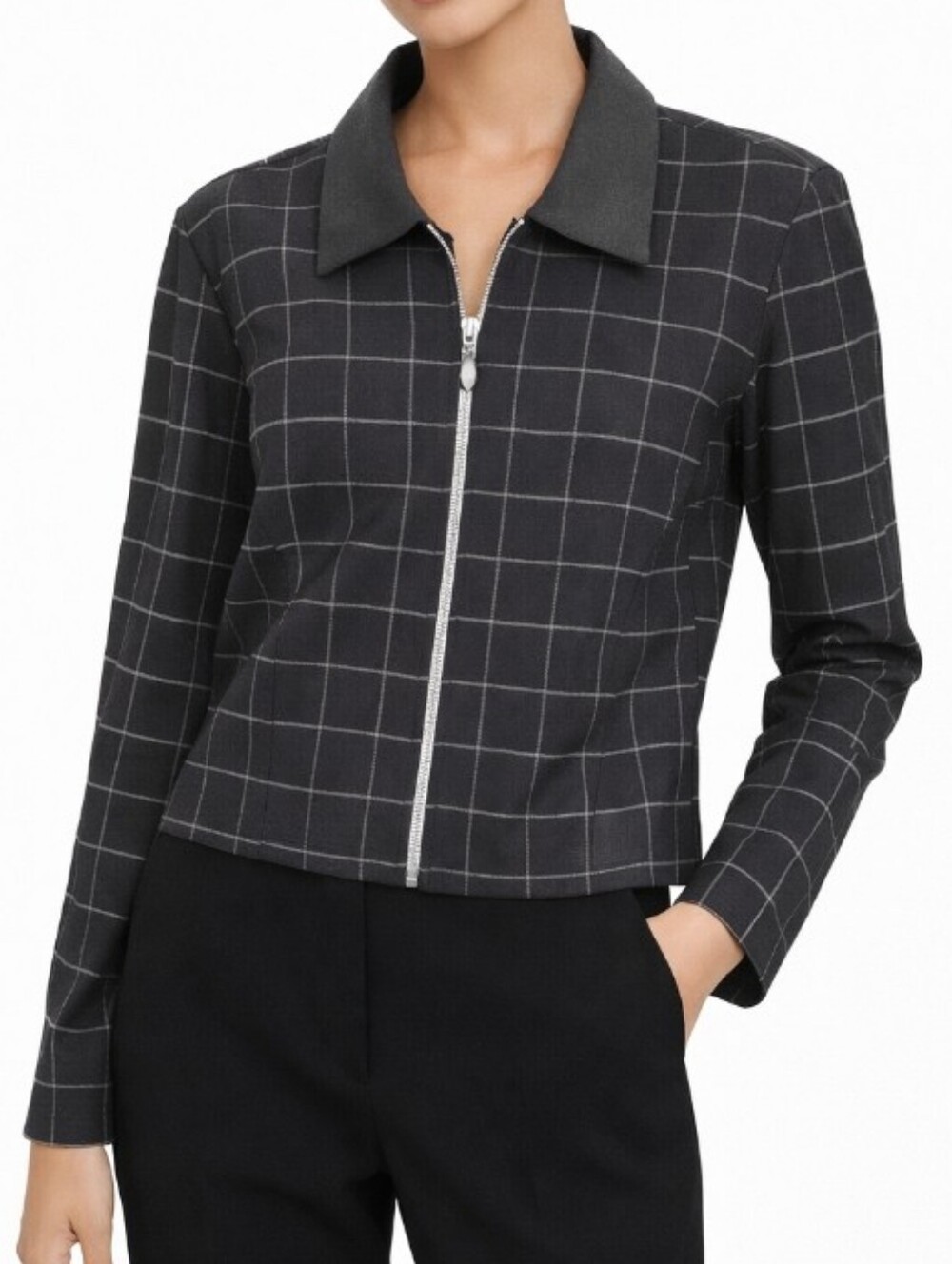 Positive Attitude Black Windowpane Zip Bomber Jacket